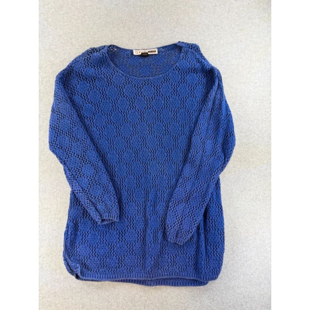 Chaus Woman 1X Blue Open Knit Cotton Pullover Sweater Long Sleeve 3339